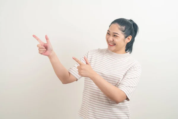 Asian Woman Hand Pointing Wall — 图库照片