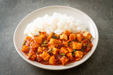 Mapo Tofu - Geleneksel Sichuan yemeği ipek tofu ve kıyma, acı biber yağı ve Sichuan biberleri ile doldurulmuş mala tadında - Asya yemek tarzı