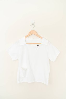 Duvarında ahşap askı asılı güzel bir kadın gömleği.