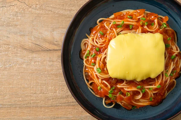 Spaghetti Tomato Sauce Hamburg Cheese Plate — Stock Photo, Image