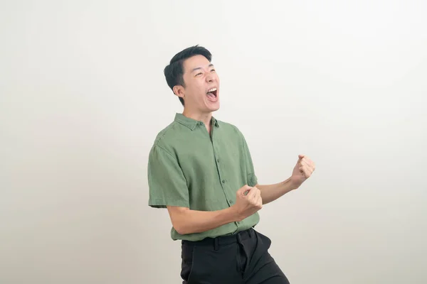 Jovem Asiático Homem Com Bem Sucedido Ação Branco Fundo — Fotografia de Stock