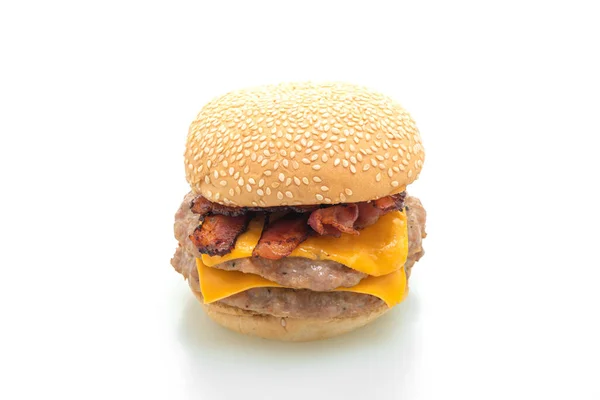 Hamburger Van Varkensvlees Varkensvlees Met Kaas Spek Geïsoleerd Witte Achtergrond — Stockfoto