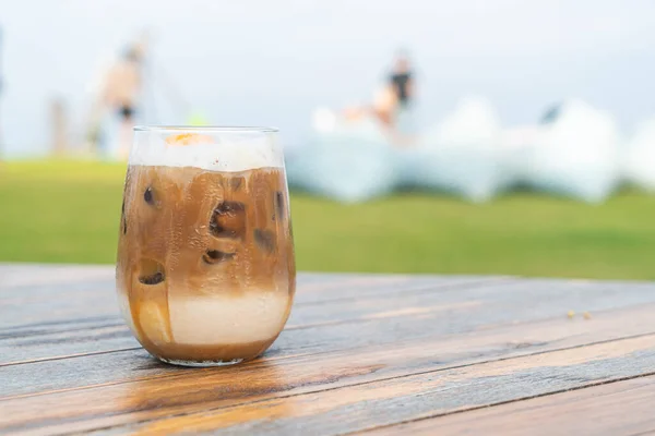 Iced Latte Coffee Glass Wood Table — Stock Photo, Image