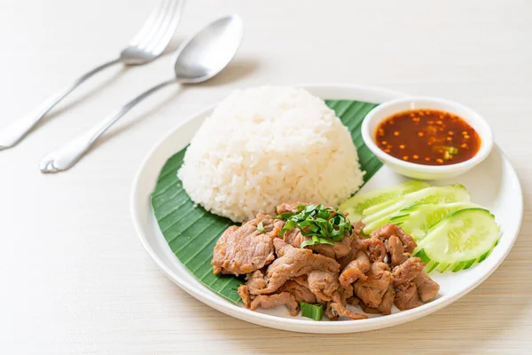 Gegrilltes Schweinefleisch Knoblauch Mit Reis Mit Würziger Sauce Asiatischen Stil — Stockfoto