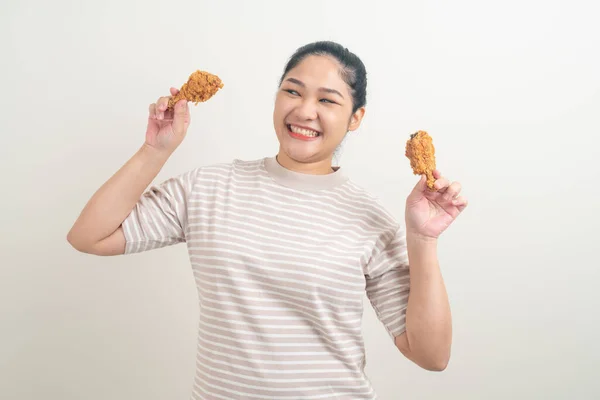 Retrato Mujer Asiática Con Pollo Frito Mano —  Fotos de Stock