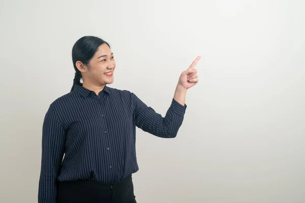 Porträt Asiatische Frau Mit Hand Die Auf Weißem Hintergrund Zeigt — Stockfoto