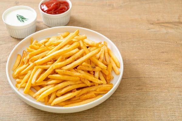 Batatas Fritas Batatas Fritas Com Creme Leite Ketchup — Fotografia de Stock