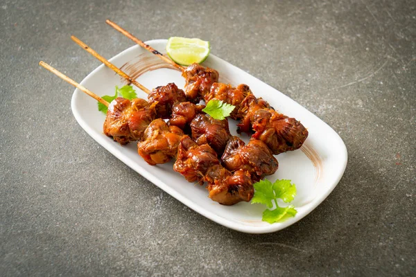 Grilled Chicken Gizzard Skewer Herbs Spices Plate — Stock Photo, Image