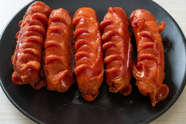 Deep Fried Sausage Skewer Black Plate — Stock Photo, Image