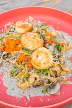 kırmızı tabakta mantarlı krema soslu fettuccini spagettisi