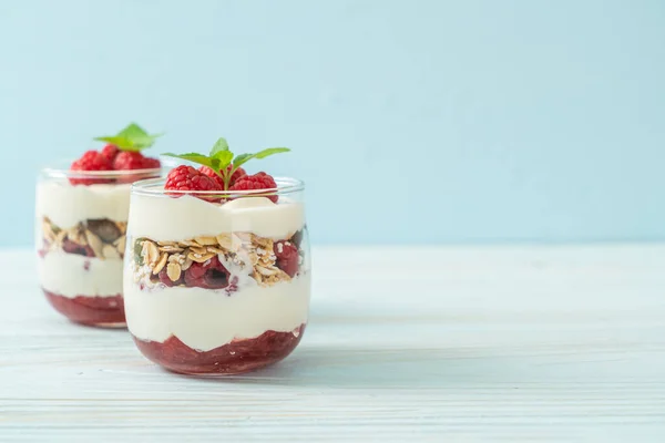 Frambuesa Fresca Yogur Con Granola Estilo Comida Saludable — Foto de Stock