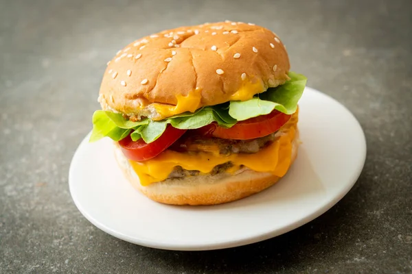 Pork Burger Cheese White Plate — Stock Photo, Image