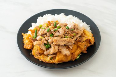 Pirinç üzerine sarımsak ve yumurta soslu kızarmış domuz eti. Asya usulü.