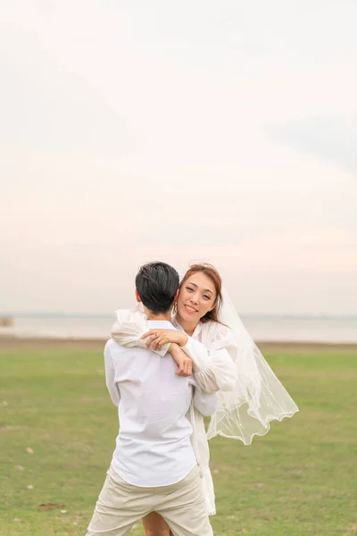 Happy Young Asian Couple Bride Groom Clothing Ready Marry Wedding — 스톡 사진