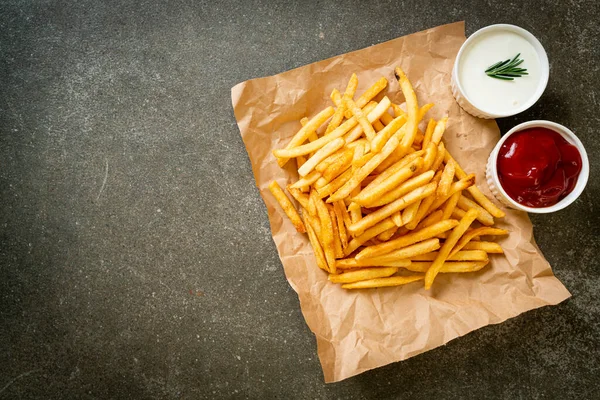 Batatas Fritas Batatas Fritas Com Creme Leite Ketchup — Fotografia de Stock