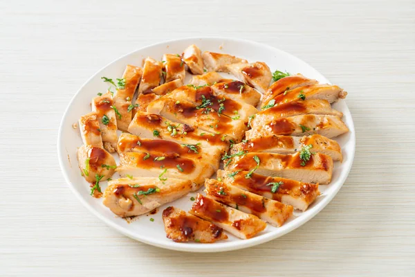 Grilled Honey Chicken Breast Sliced White Plate — Stock Photo, Image