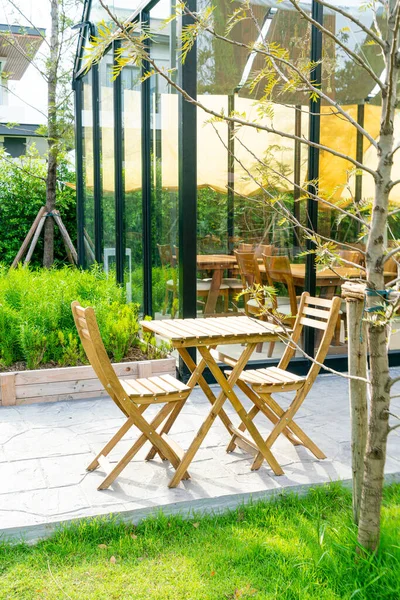 Empty Wood Table Chair Outdoor Coffee Shop Cafe Restaurant — Photo