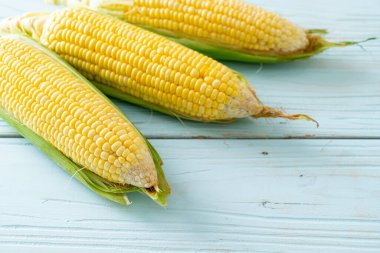 fresh corn on wood background with copy space