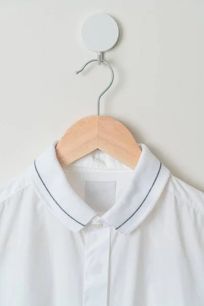 Hanging White Shirt Wood Hanger Wall — Stock Photo, Image