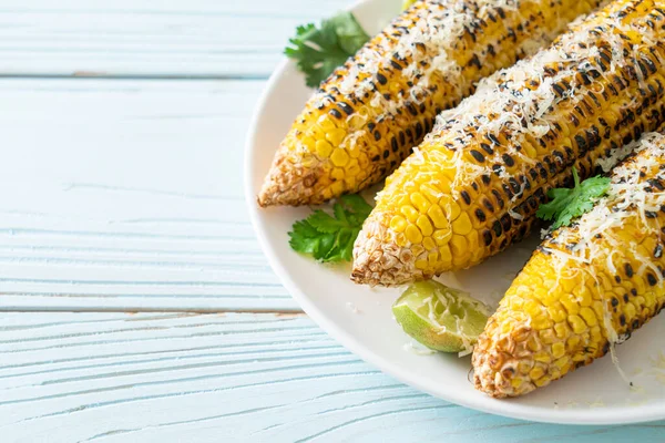 Barbecue Grilled Corn Cheese Lime Plate — Stock Photo, Image