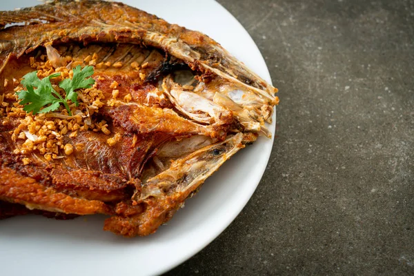 Fried Sea Bass Fish Com Alho Placa — Fotografia de Stock