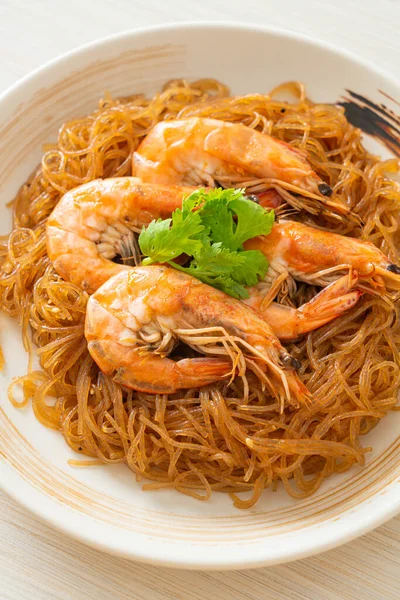 Camarones Cazuela Horno Con Fideos Vidrio Camarones Maceta Con Vermicelli —  Fotos de Stock