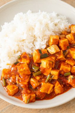 Mapo Tofu - Geleneksel Sichuan yemeği ipek tofu ve kıyma, acı biber yağı ve Sichuan biberleri ile doldurulmuş mala tadında - Asya yemek tarzı