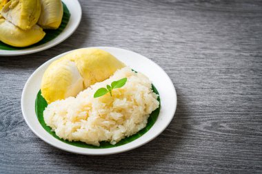 Yapışkan pirinçli Durian - sarı fasulyeli tatlı Durian kabuğu, hindistan cevizi sütüyle pişirilmiş olgun Durian pirinci - Asya Tayland tatlı yaz tropikal meyvesi