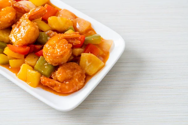 Roergebakken Zoet Zuur Met Gebakken Garnalen Bord Aziatisch Eten Stijl — Stockfoto