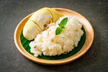 Yapışkan pirinçli Durian - sarı fasulyeli tatlı Durian kabuğu, hindistan cevizi sütüyle pişirilmiş olgun Durian pirinci - Asya Tayland tatlı yaz tropikal meyvesi