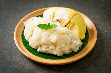 Yapışkan pirinçli Durian - sarı fasulyeli tatlı Durian kabuğu, hindistan cevizi sütüyle pişirilmiş olgun Durian pirinci - Asya Tayland tatlı yaz tropikal meyvesi