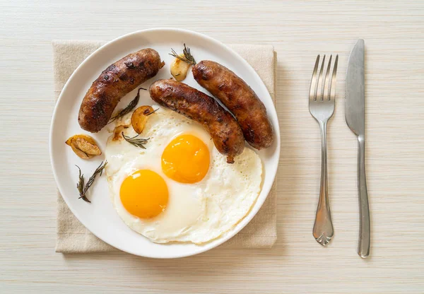 Homemade Double Fried Egg Fried Pork Sausage Breakfast — Stock Photo, Image