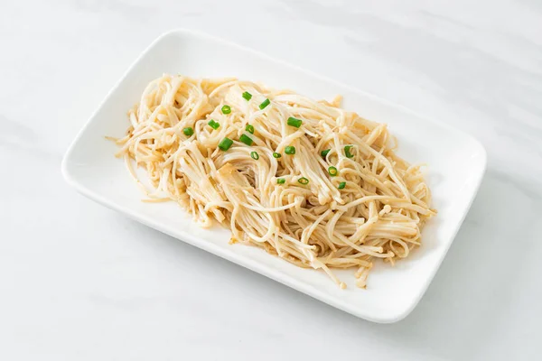 Stir Fried Golden Needle Mushroom Butter White Plate — Stock Photo, Image