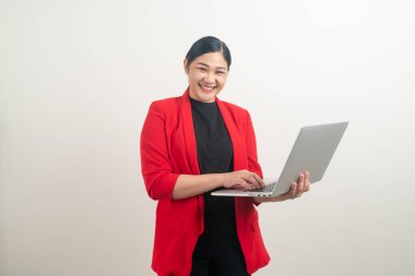 Asian woman working with notebook or laptop on hand with white background