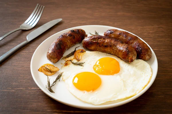 Homemade Double Fried Egg Fried Pork Sausage Breakfast — Stock Photo, Image