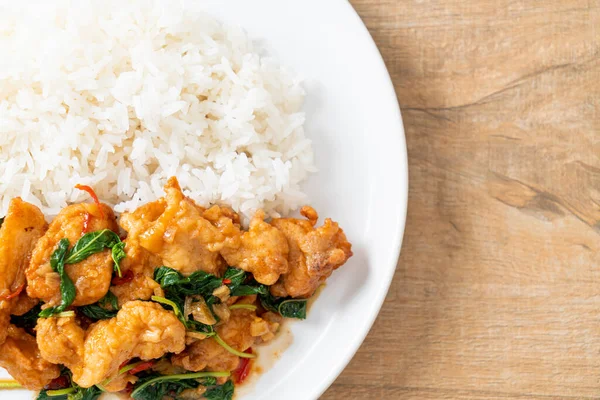 Stir Fried Fried Fish Basil Chili Thai Style Topped Rice — Stock Photo, Image