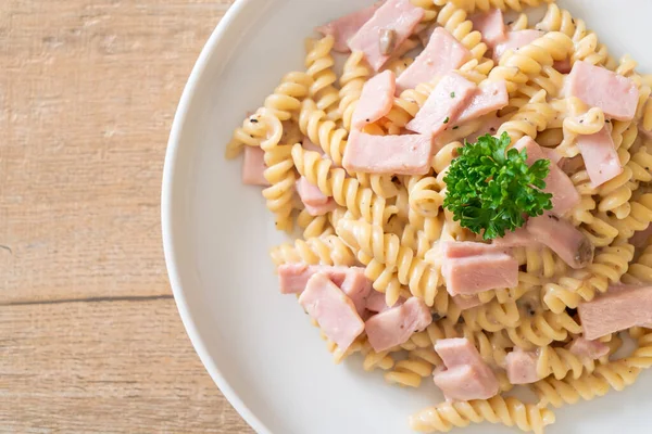 Spirali Spiral Pasta Mushroom Cream Sauce Ham Italian Food Style — Stock Photo, Image
