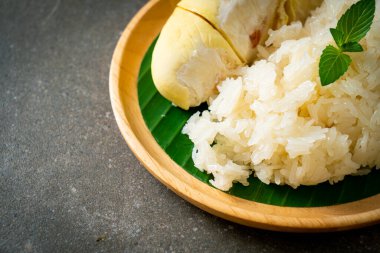 Yapışkan pirinçli Durian - sarı fasulyeli tatlı Durian kabuğu, hindistan cevizi sütüyle pişirilmiş olgun Durian pirinci - Asya Tayland tatlı yaz tropikal meyvesi