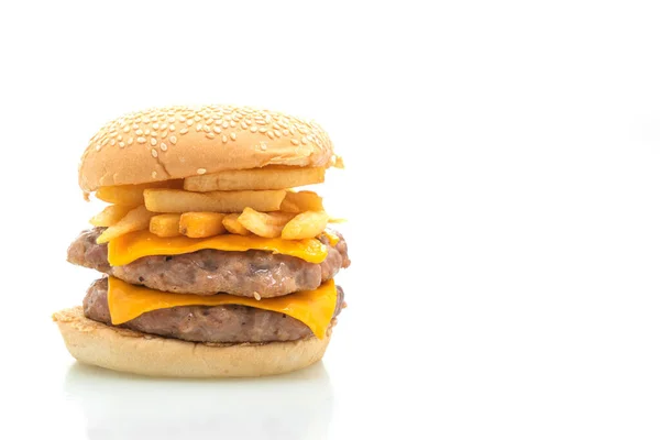 Beyaz Arka Planda Peynirli Domuz Burger Patates Kızartması — Stok fotoğraf