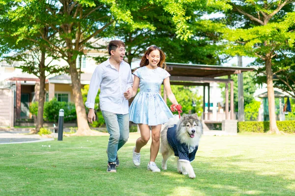 Asian Couple Love Cute Dog Garden — Stockfoto