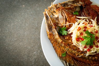 Balık soslu kızarmış deniz levreği balığı ve tabakta baharatlı salata.