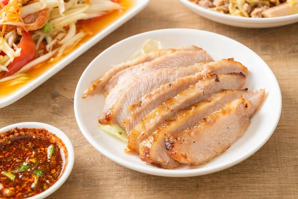 Pescoço Porco Grelhado Tailandês Com Molho Mergulho Picante Estilo Comida — Fotografia de Stock
