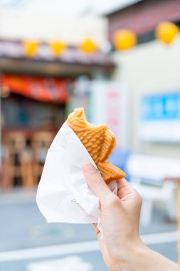 Taiyaki - pancake fish shave in Japanese style on hand