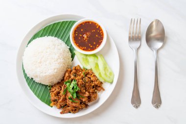 Baharatlı domuz eti, pilav ve Asya usulü baharatlı sos.