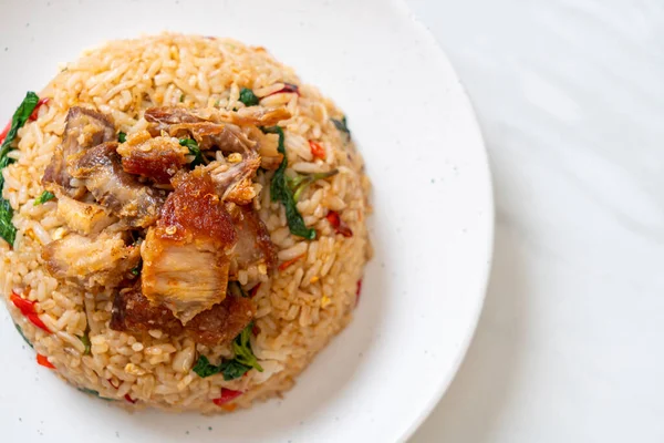 fried rice with Thai basil and crispy belly pork - Thai food style