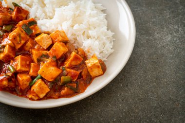 Mapo Tofu - Geleneksel Sichuan yemeği ipek tofu ve kıyma, acı biber yağı ve Sichuan biberleri ile doldurulmuş mala tadında - Asya yemek tarzı