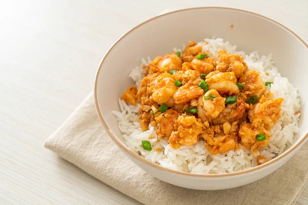 Camarones Fritos Con Ajo Camarones Pasta Tazón Arroz —  Fotos de Stock