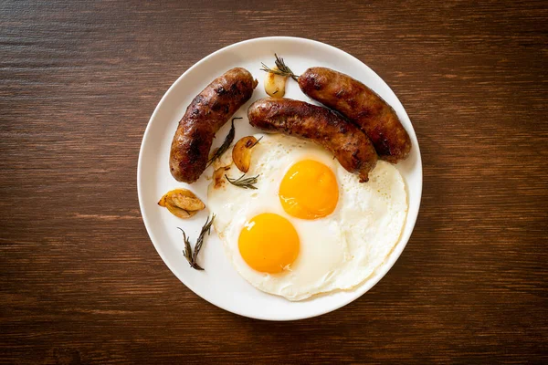 Homemade Double Fried Egg Fried Pork Sausage Breakfast — Stock Photo, Image