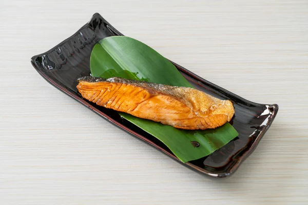Grilled Salmon Steak Soy Sauce Plate Japanese Food Style — Stock Photo, Image