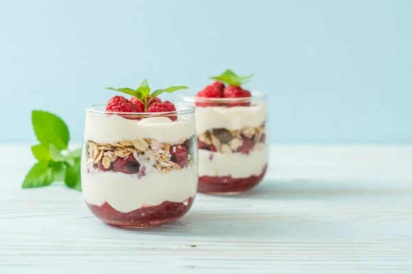 Framboesa Fresca Iogurte Com Granola Estilo Comida Saudável — Fotografia de Stock